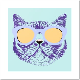 Tabby Cat with Holographic Sunglasses - Lilac Yellow Mint Posters and Art